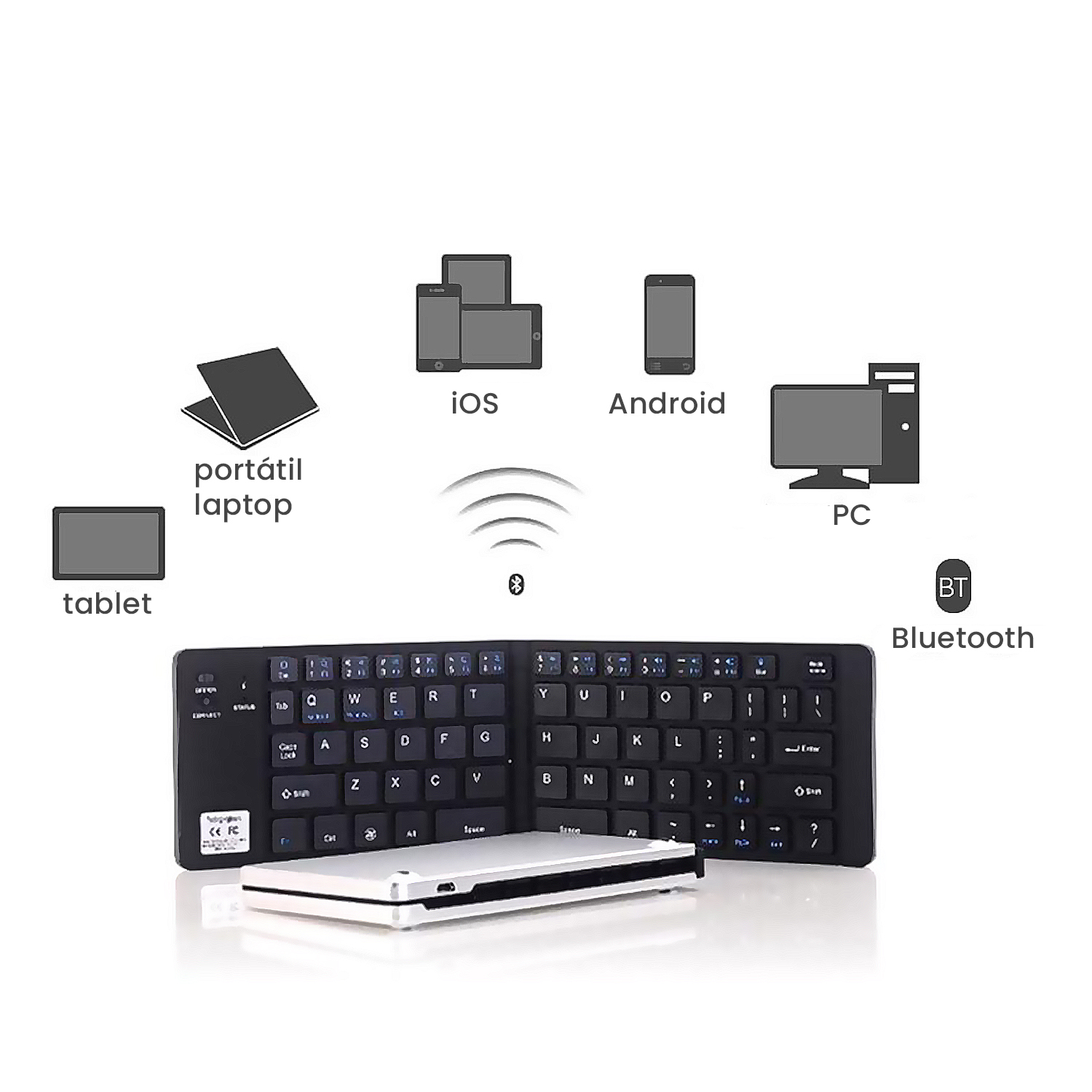 Teclado plegable negro con Bluetooth e iconos para tableta, portátil, iOS, Android y PC.