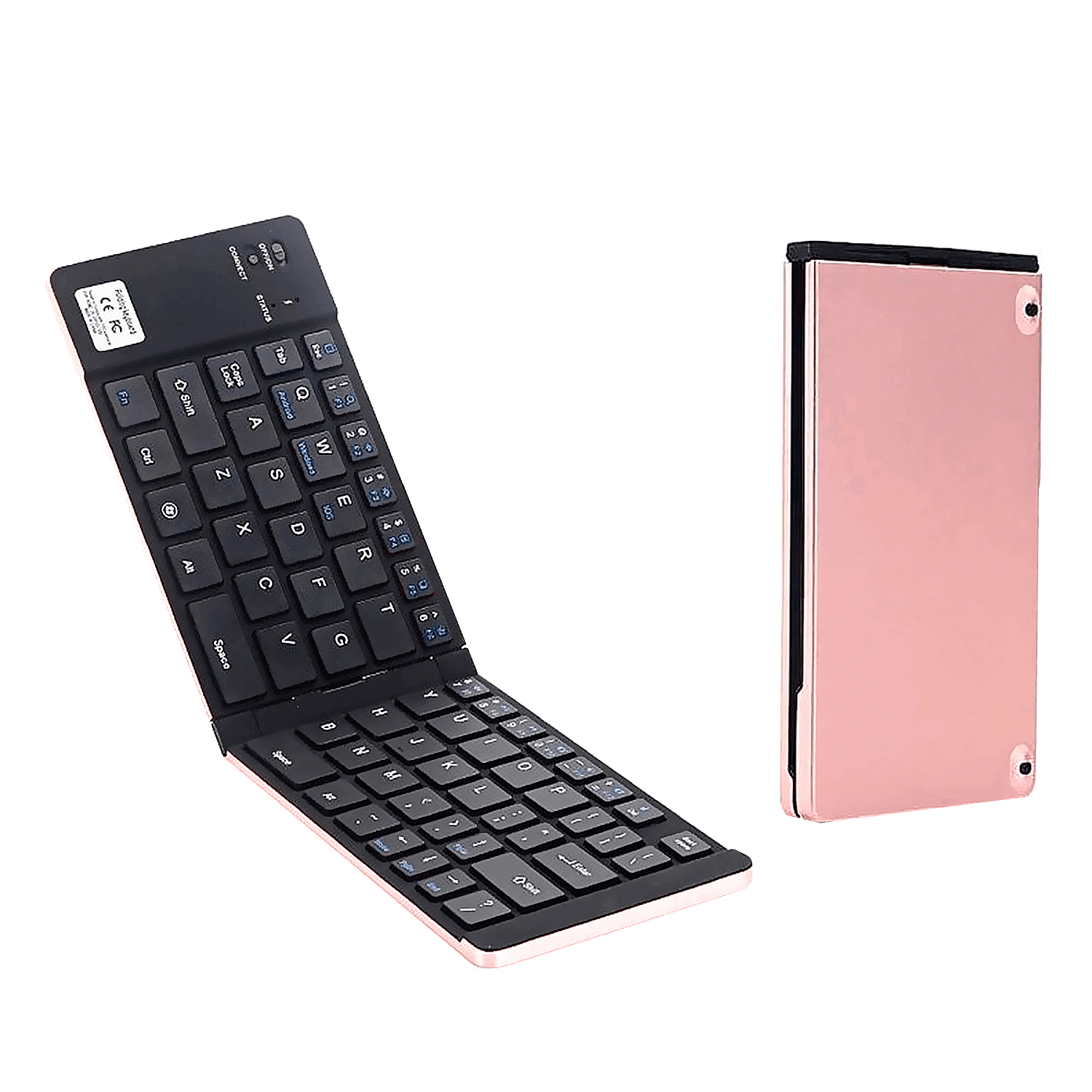 Teclado plegable, teclas negras y carcasa oro rosa. Fondo negro.