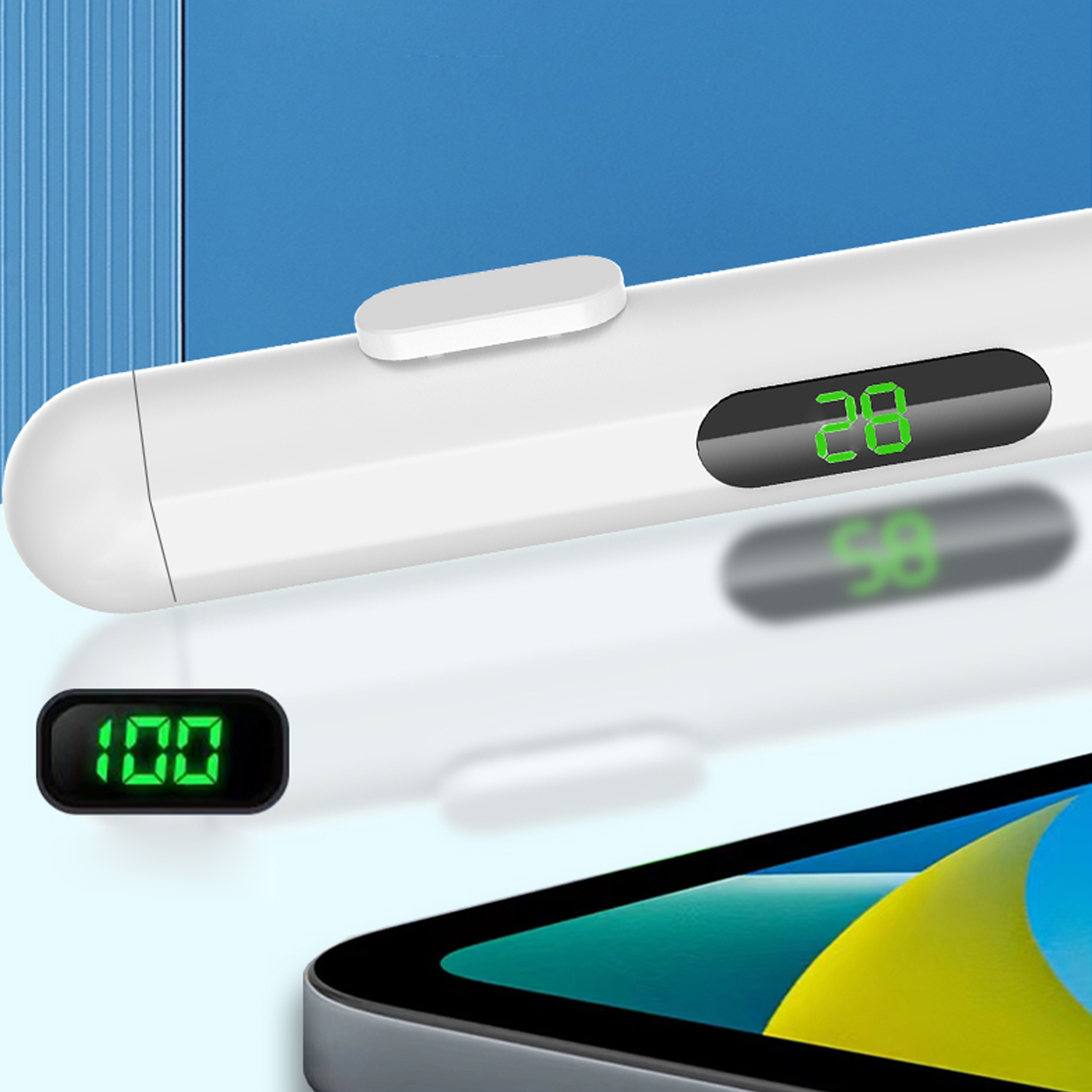 Un lápiz óptico blanco con una pantalla digital que muestra números. Una tableta está en el fondo.