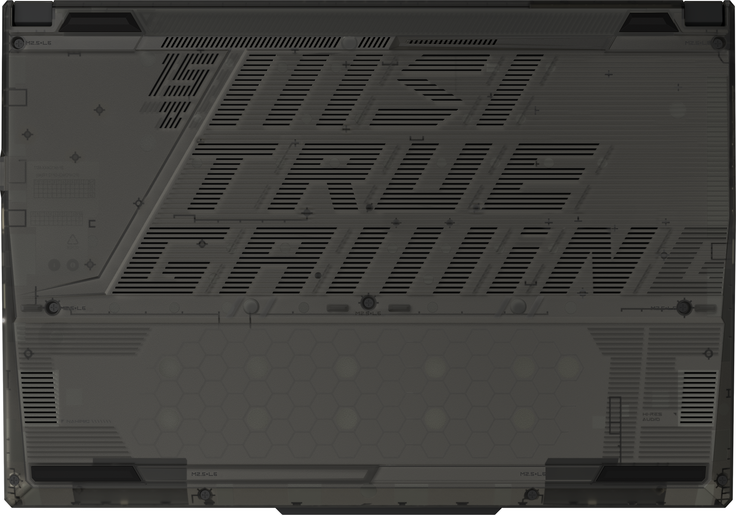 Dunkelgraue Laptop-Basis mit „JUST TRUE GAMING“-Text und Lüftungsdetails.