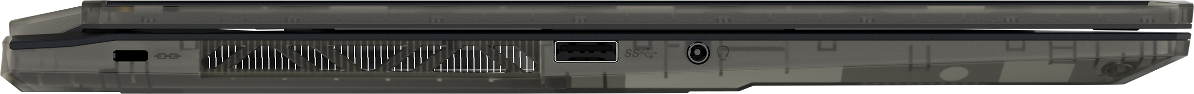 Laptop: Rückansicht, geöffnet, mit Tastaturbeleuchtung und Logo.