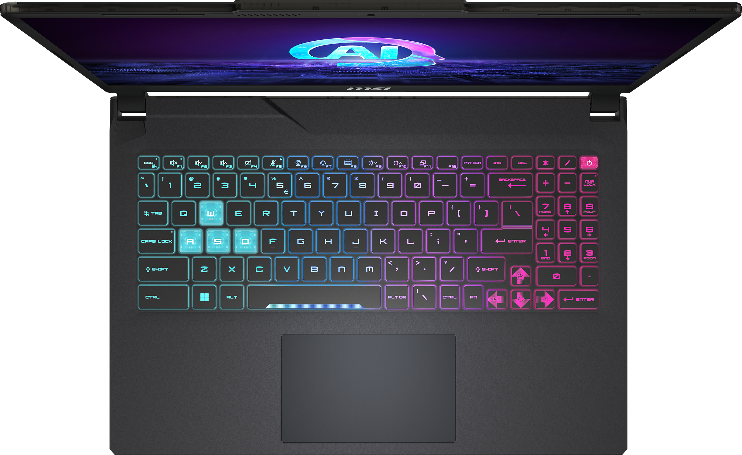 Eine Laptop-Tastatur mit farbenfroher Beleuchtung von oben.