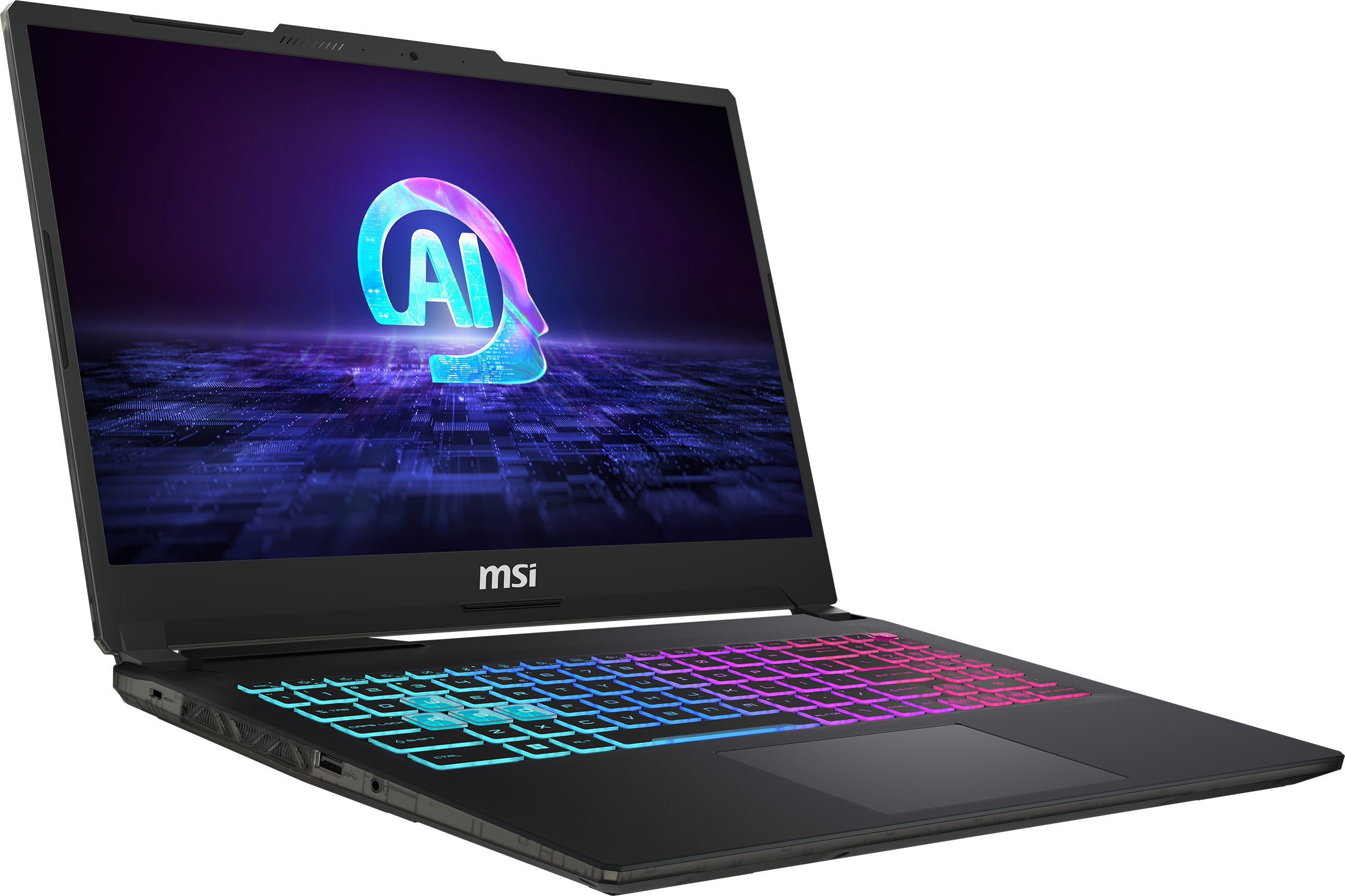 Schwarzer MSI-Laptop offen, Tastatur in Regenbogenfarben beleuchtet. Bildschirm zeigt AI-Logo.