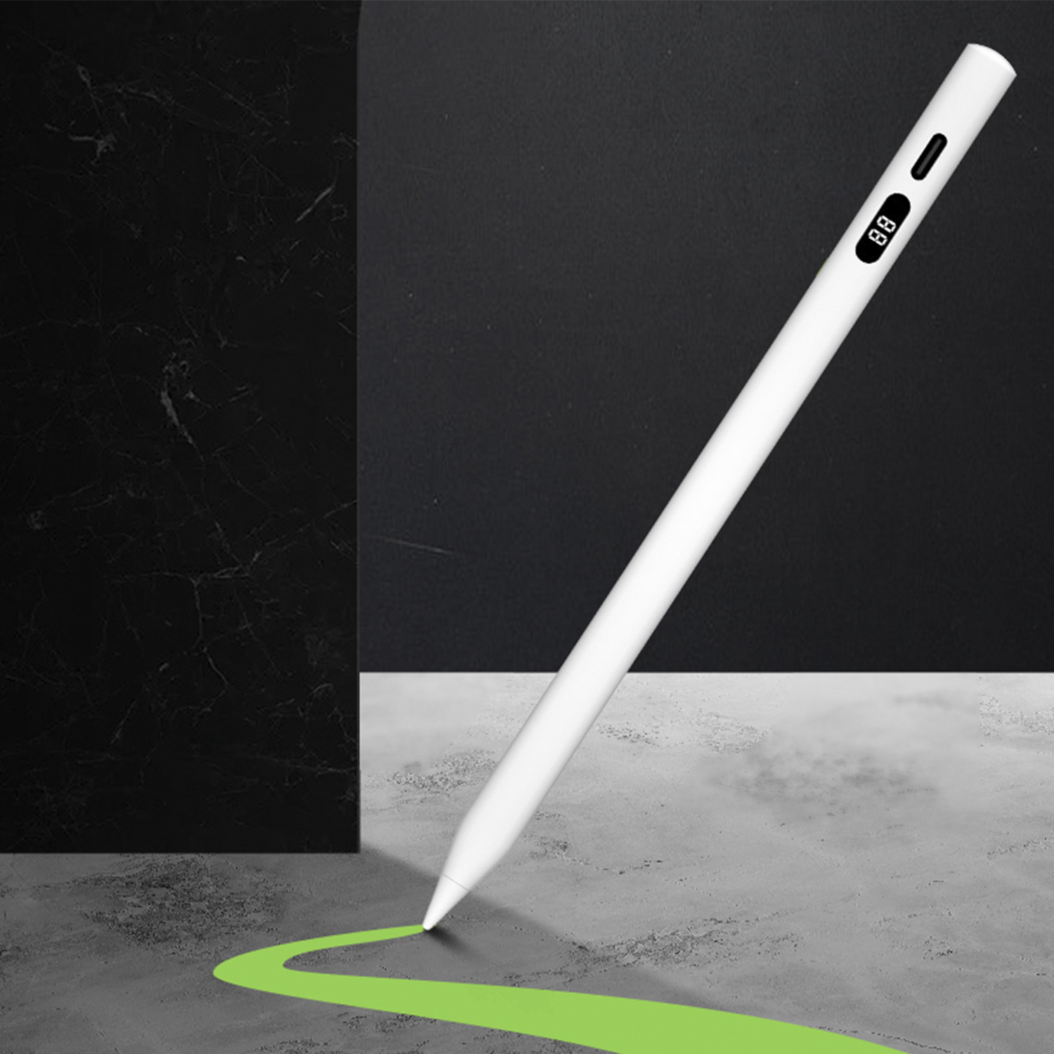 Un lápiz óptico blanco con pantalla digital mostrando 88. Está sobre una superficie con una línea verde.