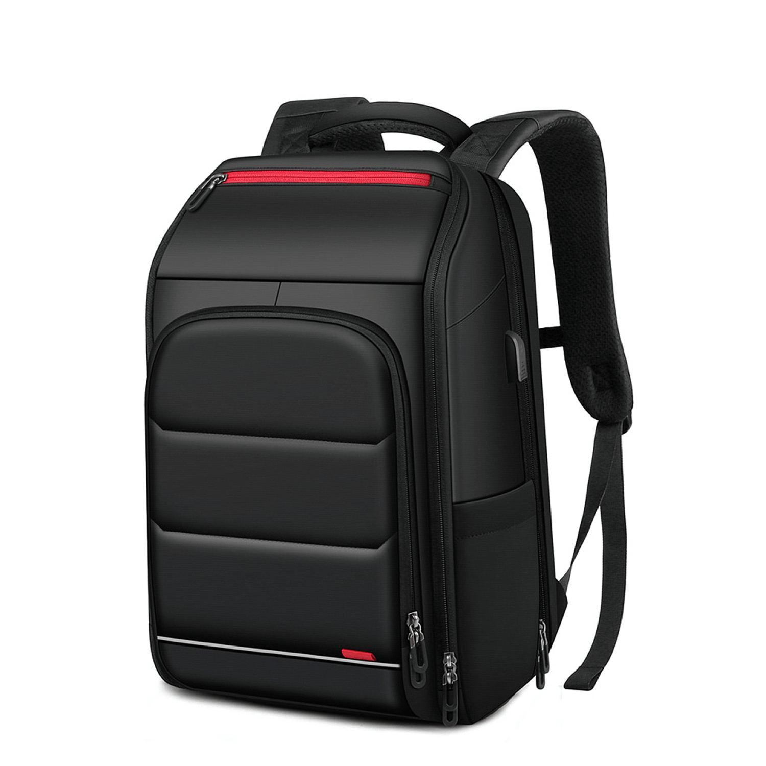 Mochila negra con detalles rojos, múltiples cremalleras y correas acolchadas.