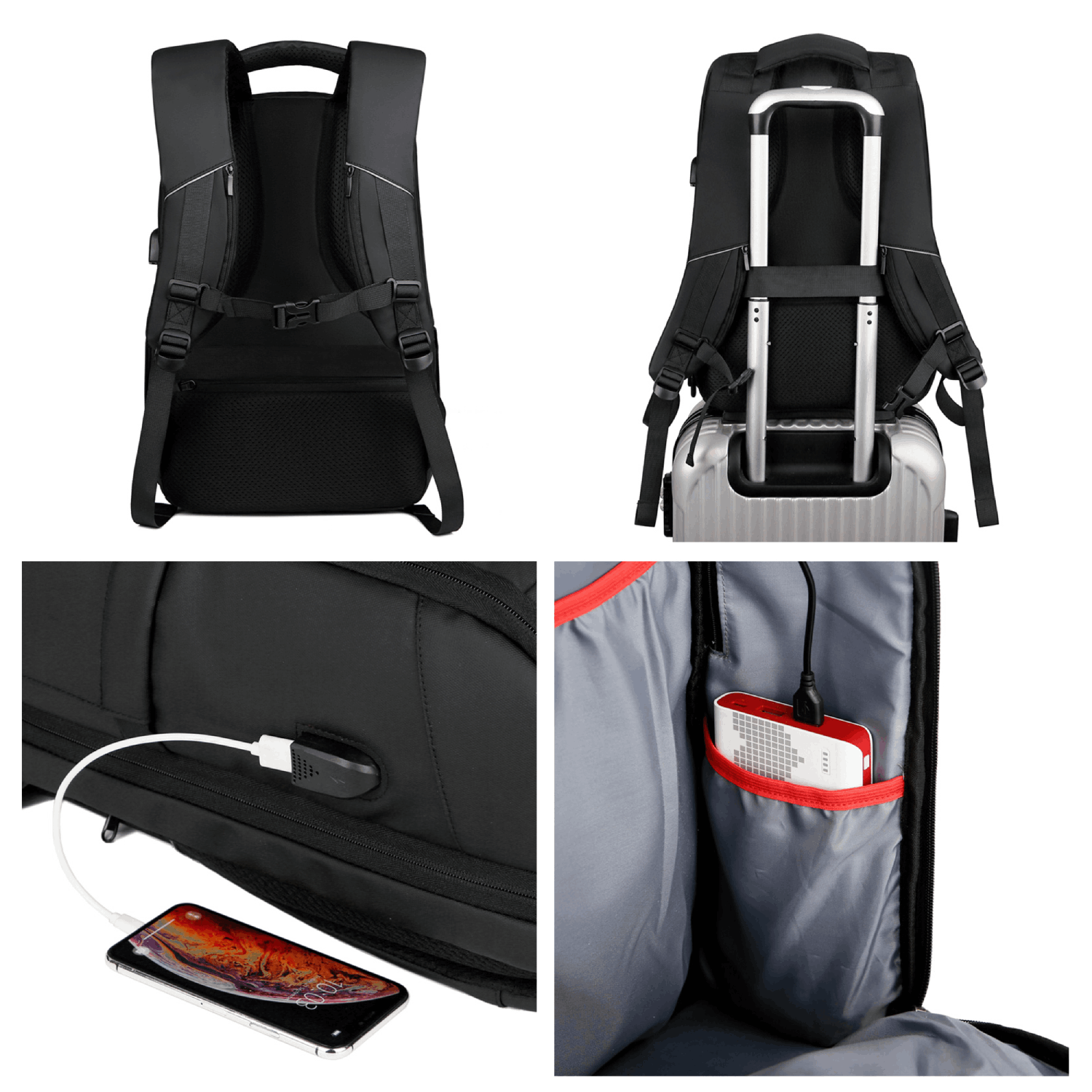 Mochila negra con múltiples vistas, mostrando correas, un puerto de carga y bolsillos internos.