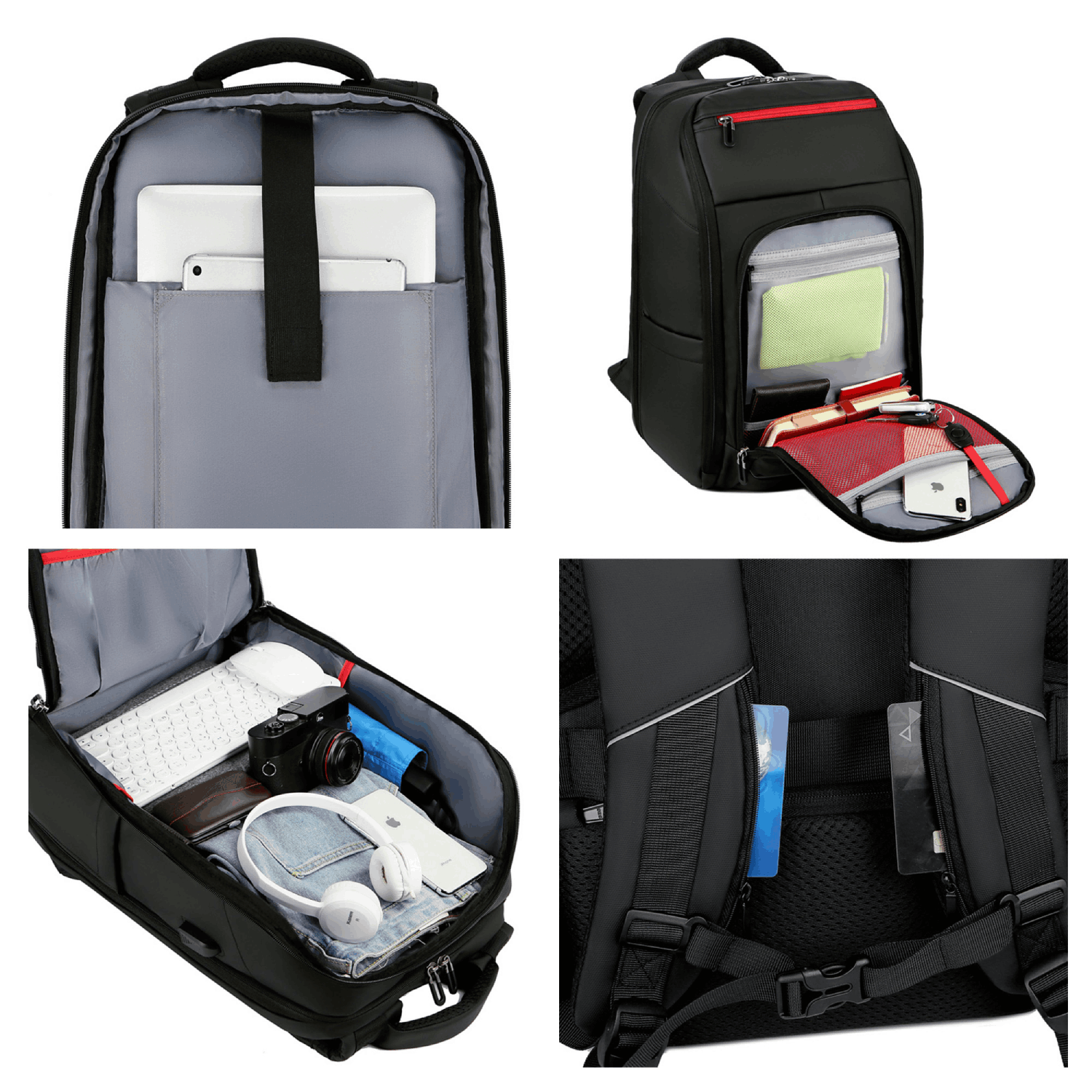 Mochila negra con compartimentos abiertos, portátil, accesorios, fondo blanco.