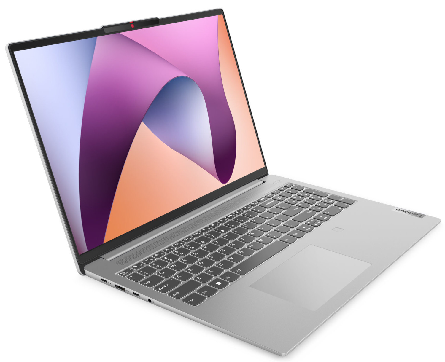 Zilveren laptop met een roze en paars golfontwerp op het scherm. Lenovo-logo zichtbaar.