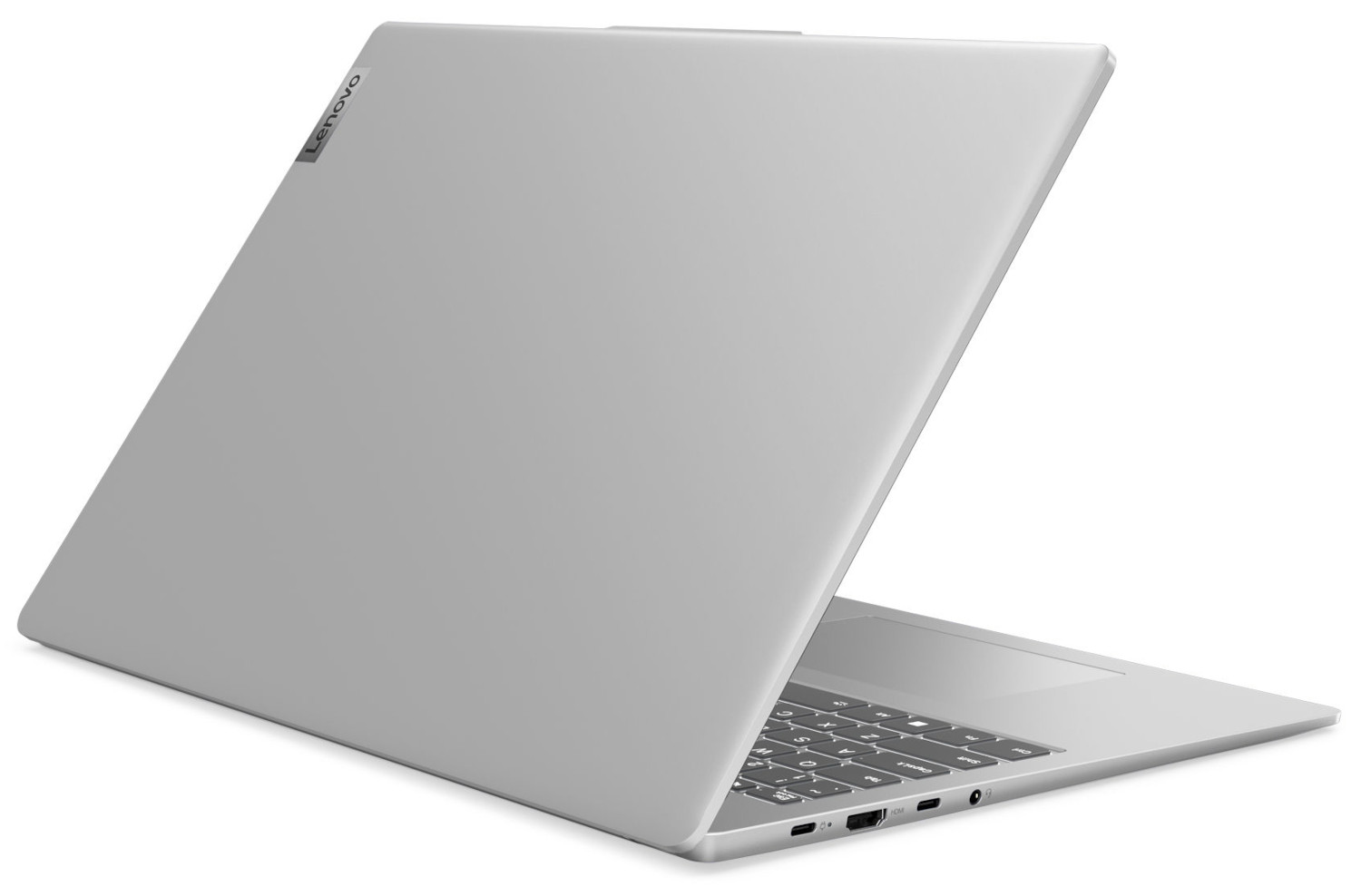 Zilveren Lenovo laptop, open, met het Lenovo logo zichtbaar op het deksel.