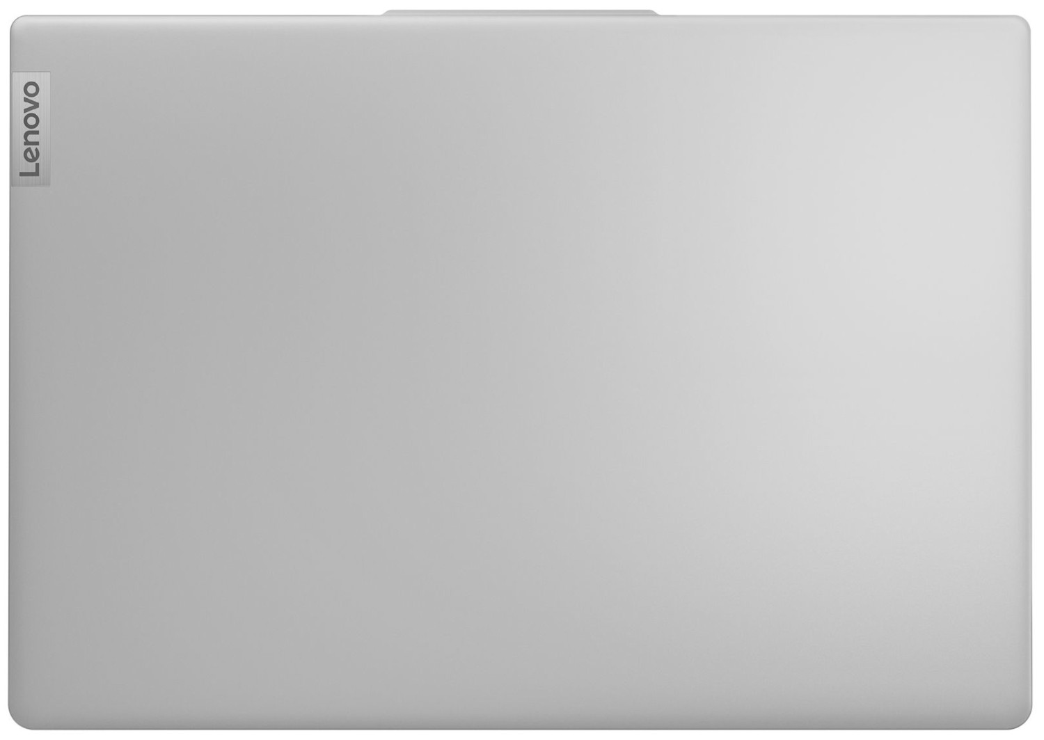 Bovenaanzicht van een zilveren Lenovo laptop met het Lenovo-logo.