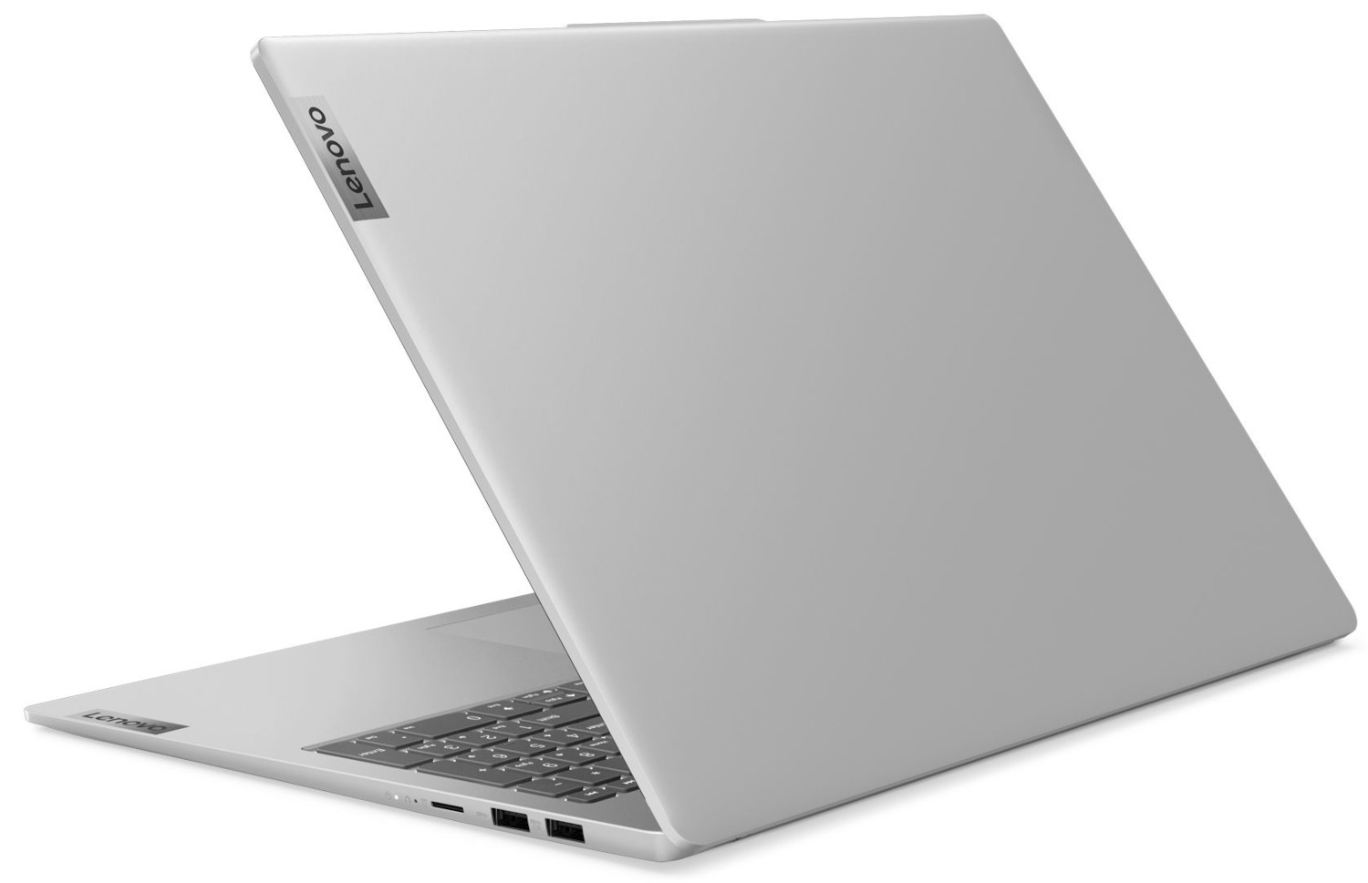 Zilveren laptop, achteraanzicht, Lenovo logo.