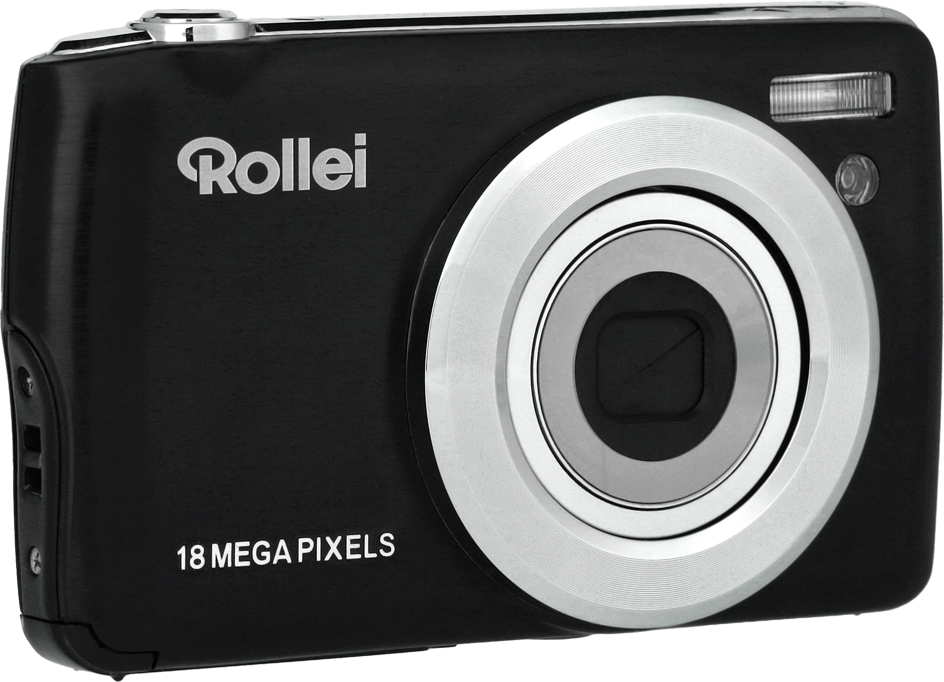 Schwarze Rollei Kamera. Die Kamera hat einen silbernen Ring um das Objektiv. 18 Megapixel.
