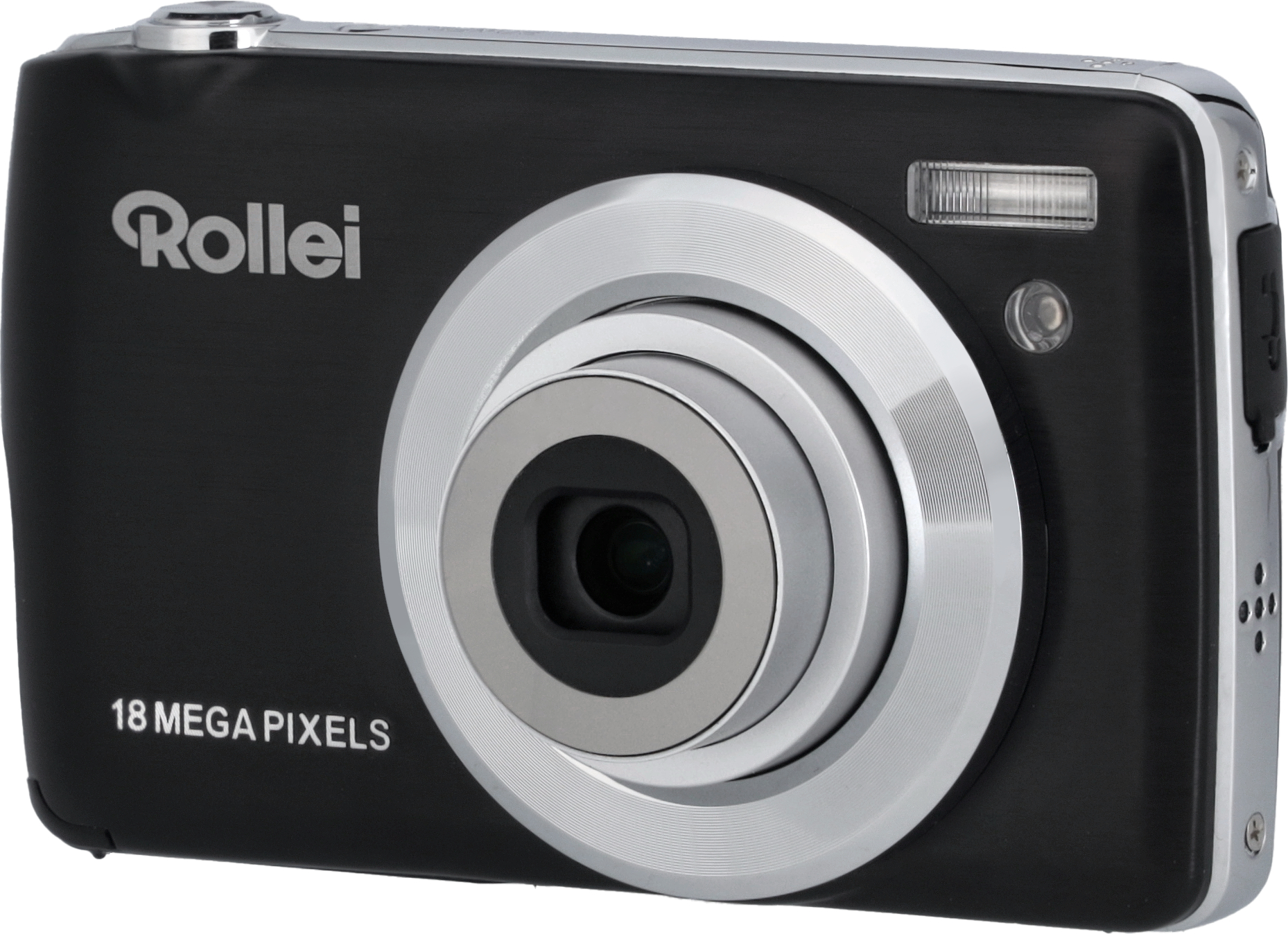 Eine schwarze Rollei-Kamera mit silbernem Objektivring und Blitz.