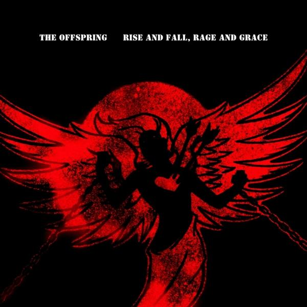 Eine rote Engelsilhouette mit schwarzem Hintergrund, die Worte 'The Offspring, Rage and Grace'.