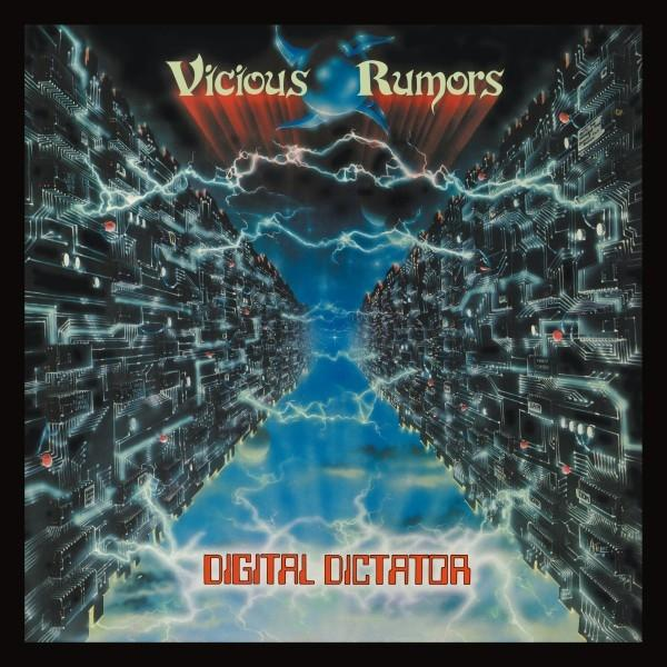 Album borítója. A szöveg a következő: „Vicious Rumors” és „Digital Dictator”. Digitális városképek szegélyeznek egy kék eget villámlással.