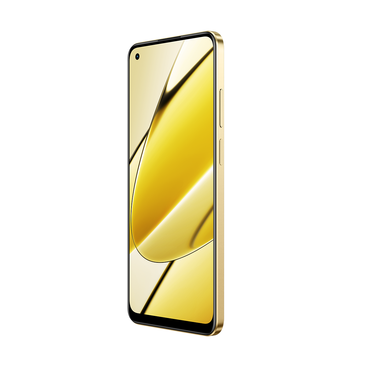 Altın renkli akıllı telefon, açılı görünüm, siyah arka plan üzerinde. Yan tuşlar görünür.