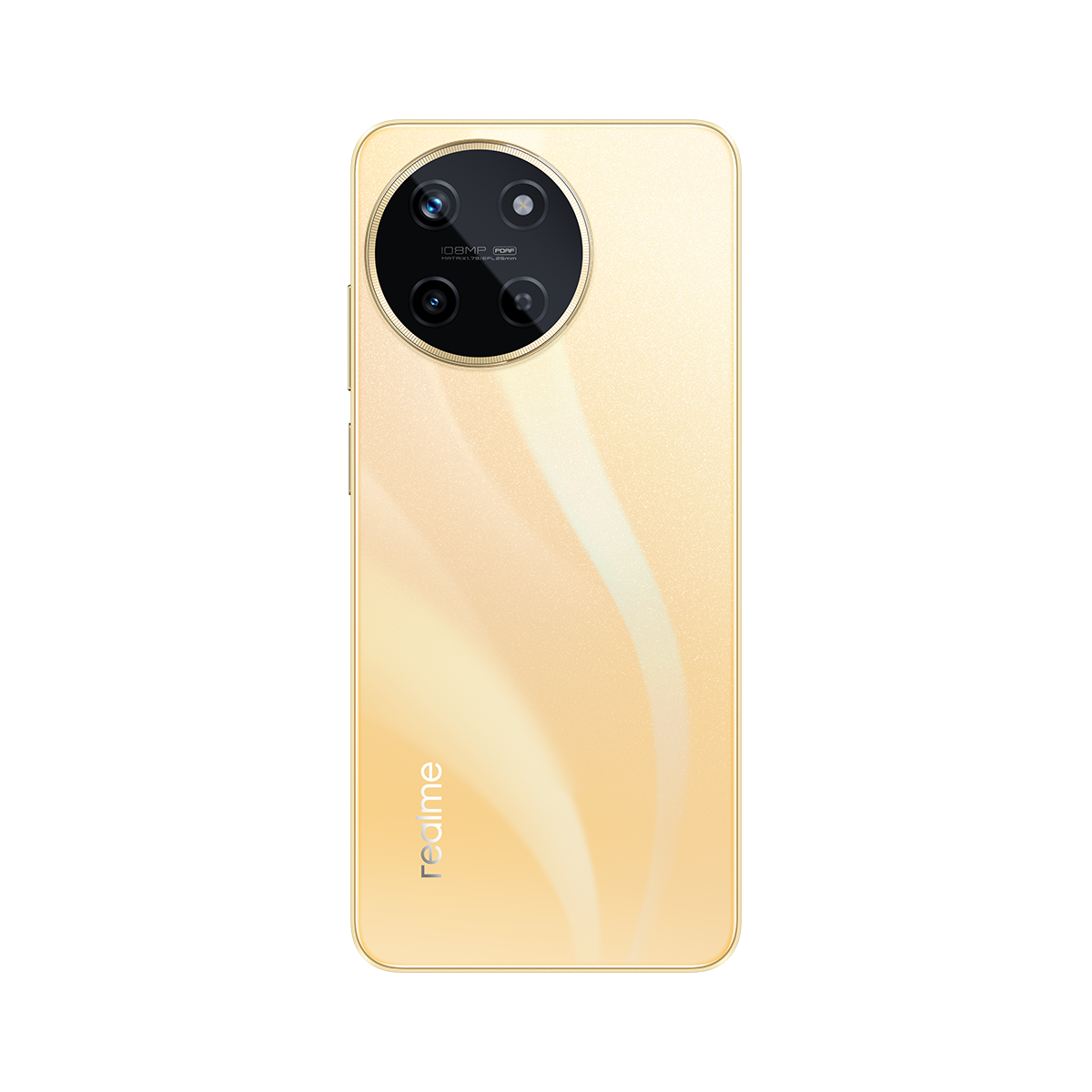 Dairesel kamera modülü ve üç mercekle altın rengi telefonun arkası. Alt kısımda Realme logosu.