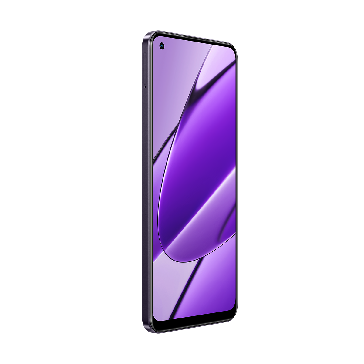 Siyah zemin üzerine mor telefon. Ekran mor grafikler gösteriyor.