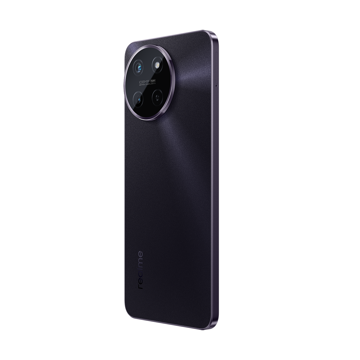 Mor Realme telefon, kamera lensleri görünür, açılı görünüm.