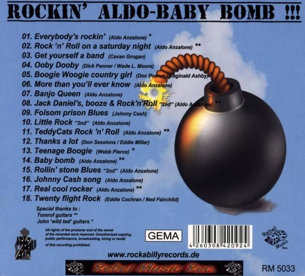 Albumcover mit Songliste und einer Bombe. Rockabilly-Musik. GEMA-Logo.
