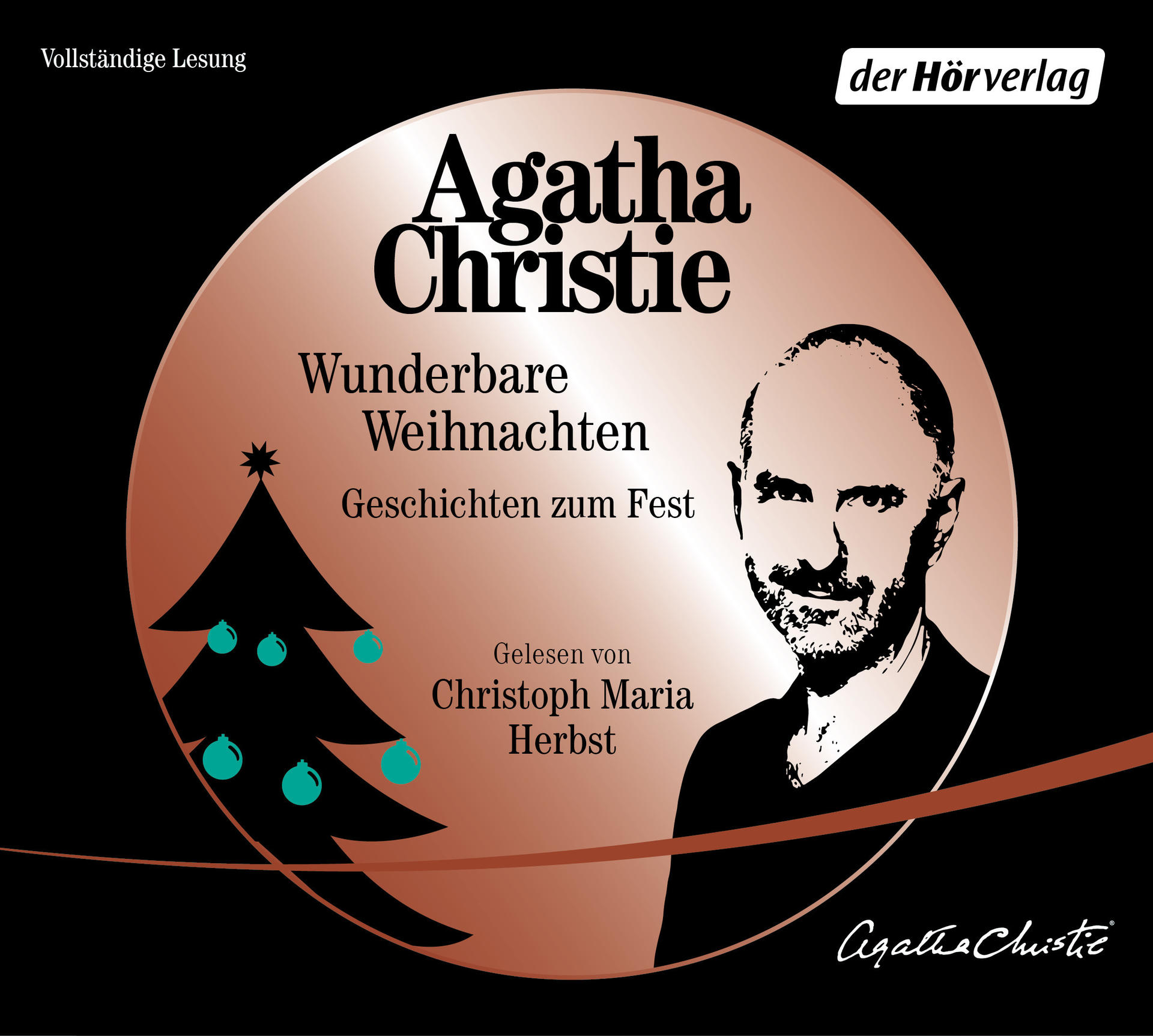 Hörbuchcover: Agatha Christie, Weihnachtsbaum, Christoph Maria Herbst, auf schwarzem Hintergrund.