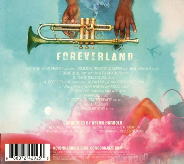 Albumcover: „FOREVERLAND“ mit Trompete und Frau im Wasser. Trackliste und Credits gezeigt.