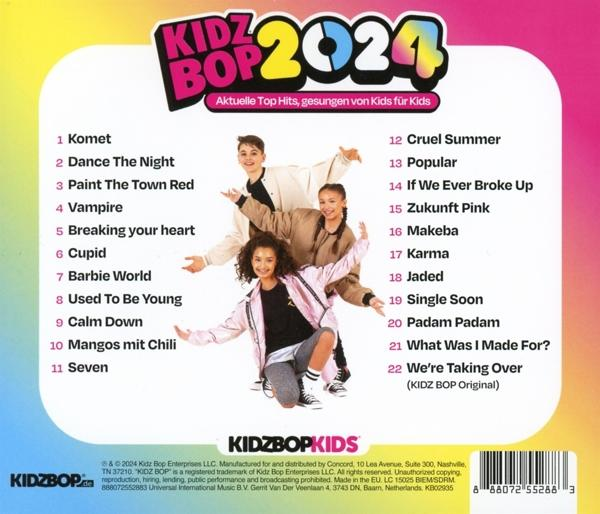 CD-Cover für Kidz Bop 2024 mit einer Gruppe von Kindern. Songtitel und Logos sind sichtbar.