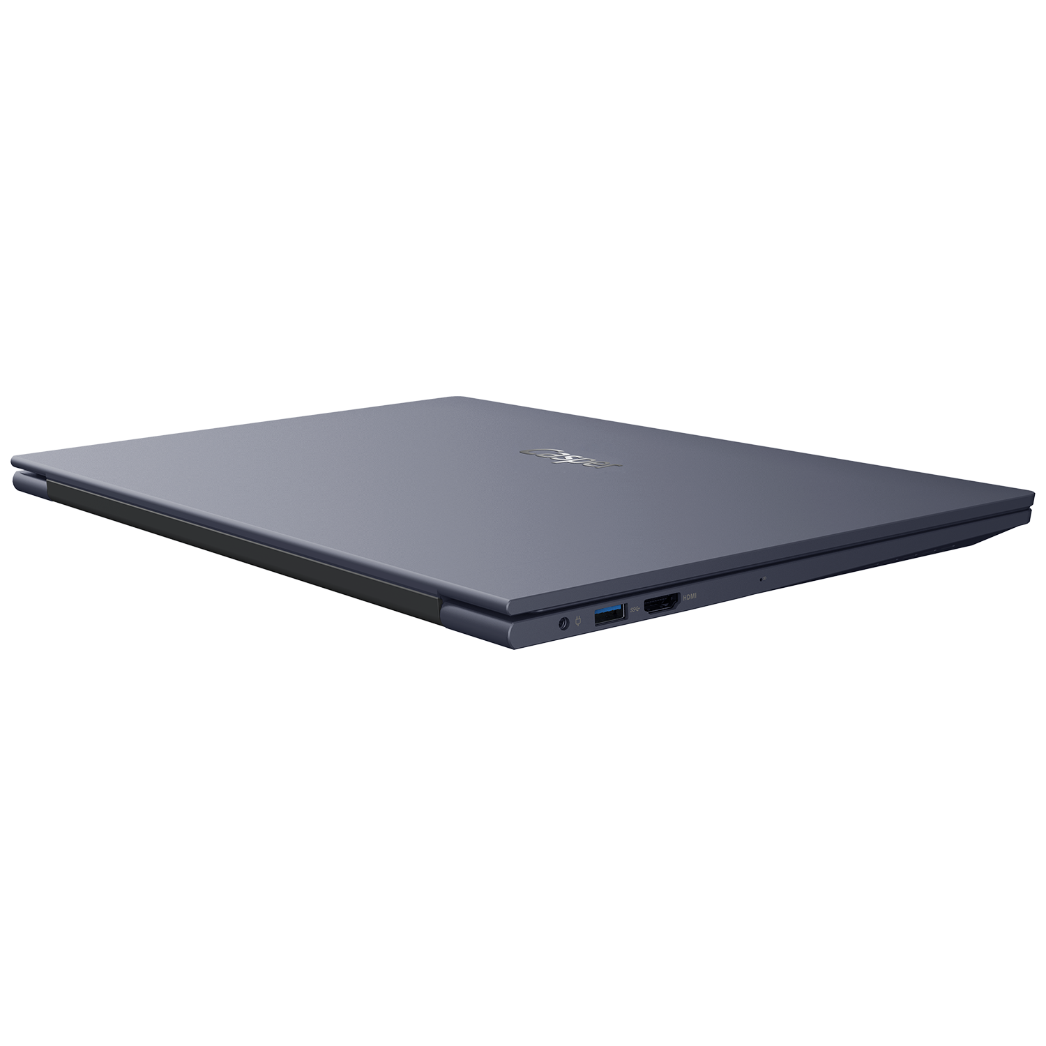 Kapalı mavi dizüstü bilgisayar, bağlantı noktaları ve Lenovo logosu olan tarafı gösteriyor.