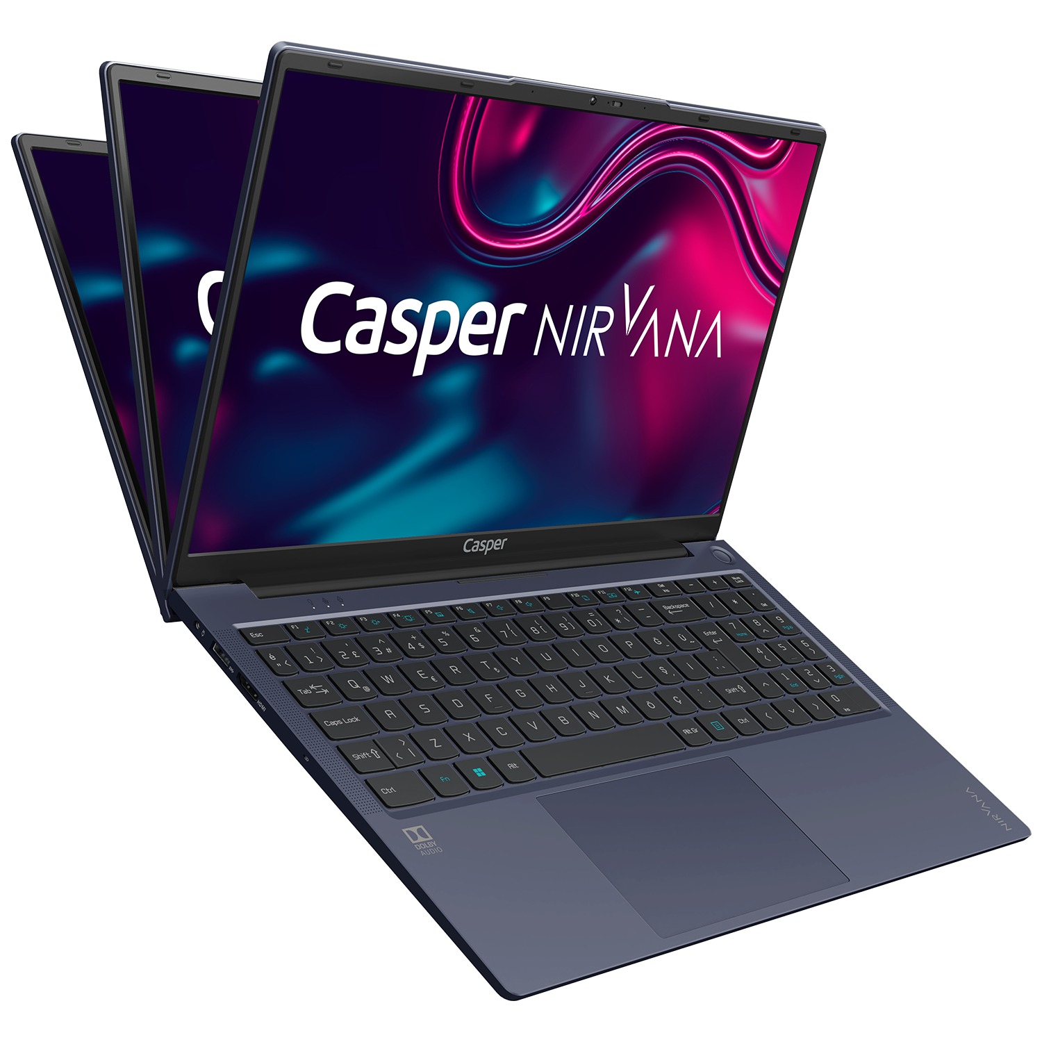 Ekranlarında Casper Nirvana logosunu gösteren üç dizüstü bilgisayar görüntüleniyor. Siyah bir arka plan üzerindeler.