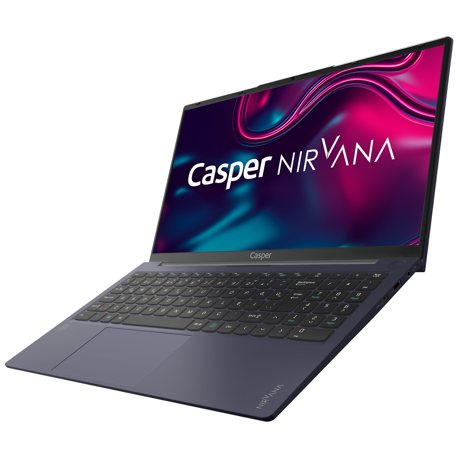Ekranında Casper Nirvana logosu bulunan lacivert bir dizüstü bilgisayar, açılı görünüm.
