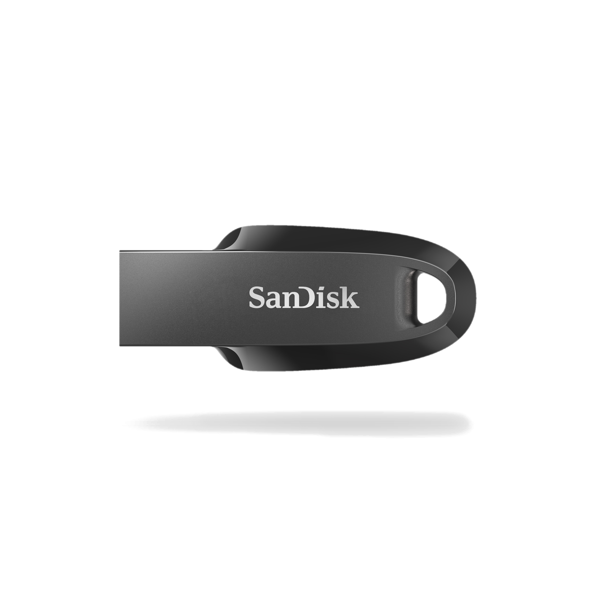 Beyaz zemin üzerinde siyah bir Sandisk USB sürücüsü, marka adı beyaz renkte.