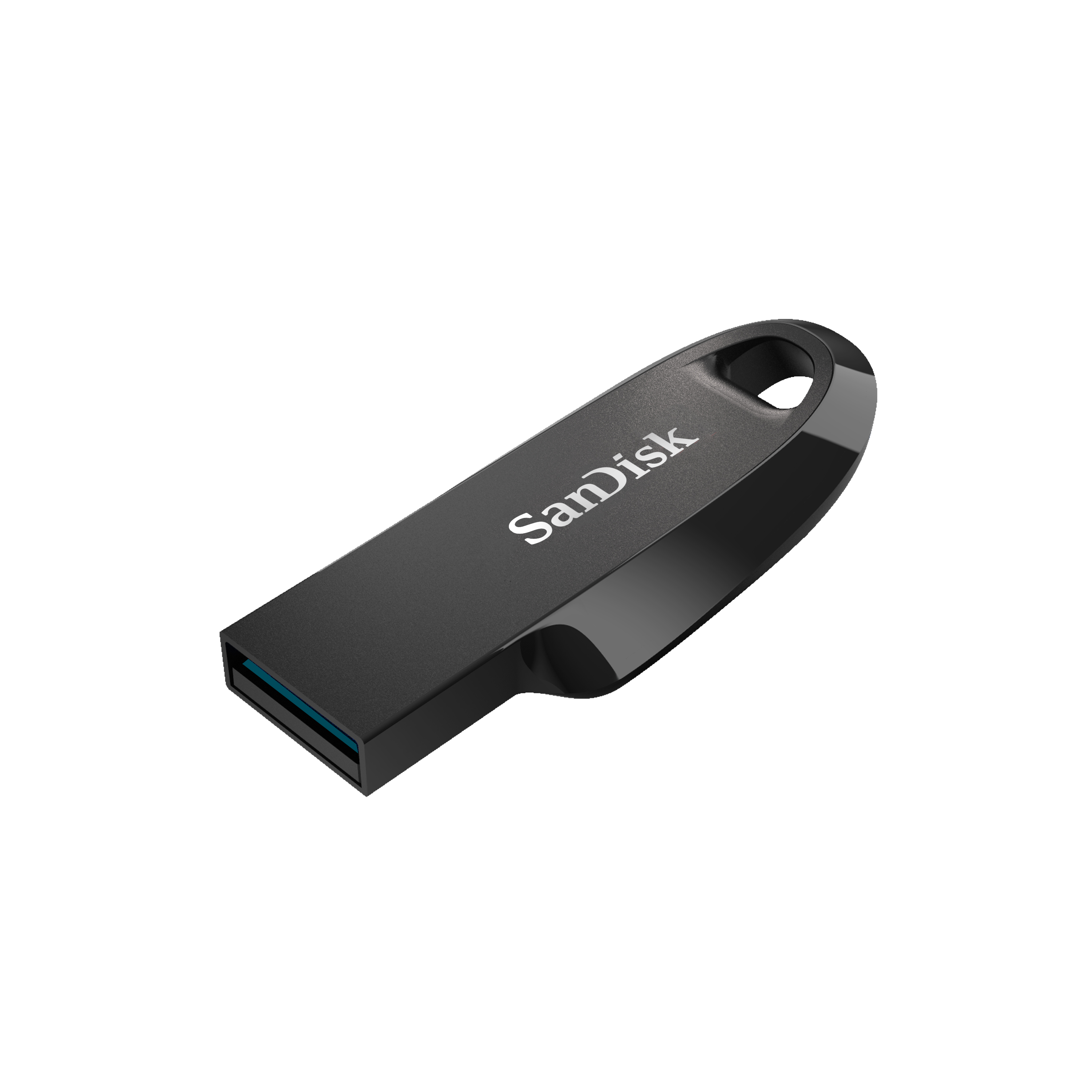 Sandisk marka adını taşıyan siyah bir USB flash sürücü. Bir anahtarlığa takmak için bir halkası var.