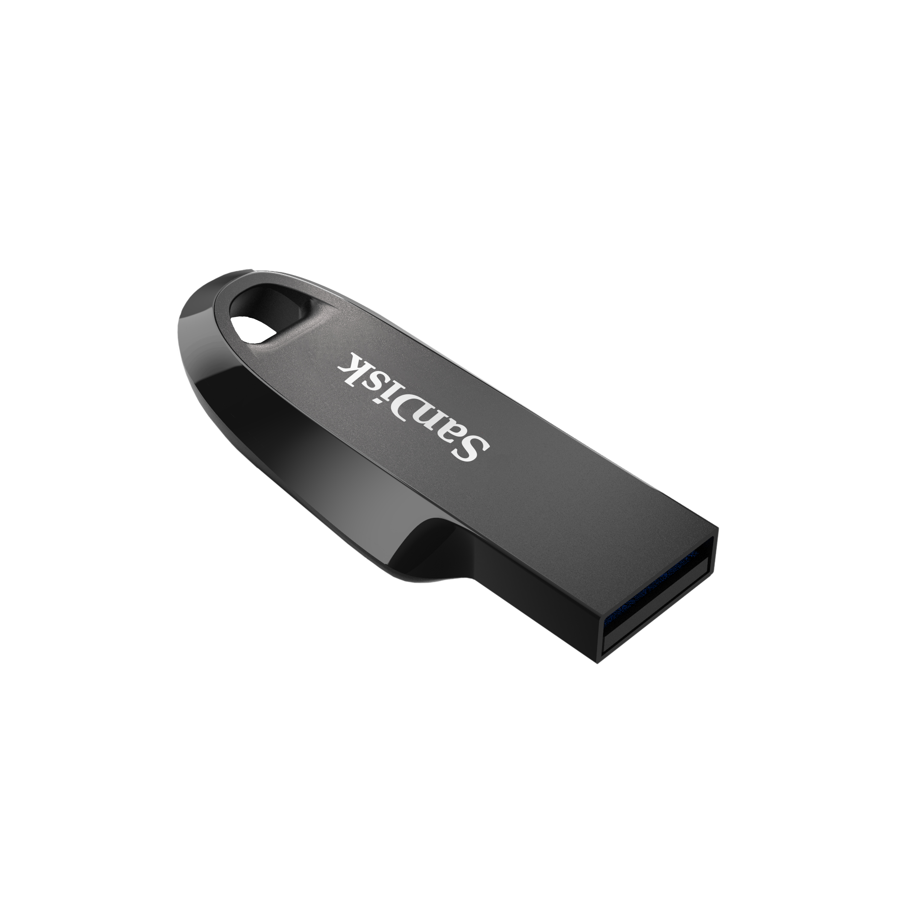 Beyaz zemin üzerinde siyah Sandisk USB sürücüsü, açılı görünüm. Beyaz Sandisk logosu.