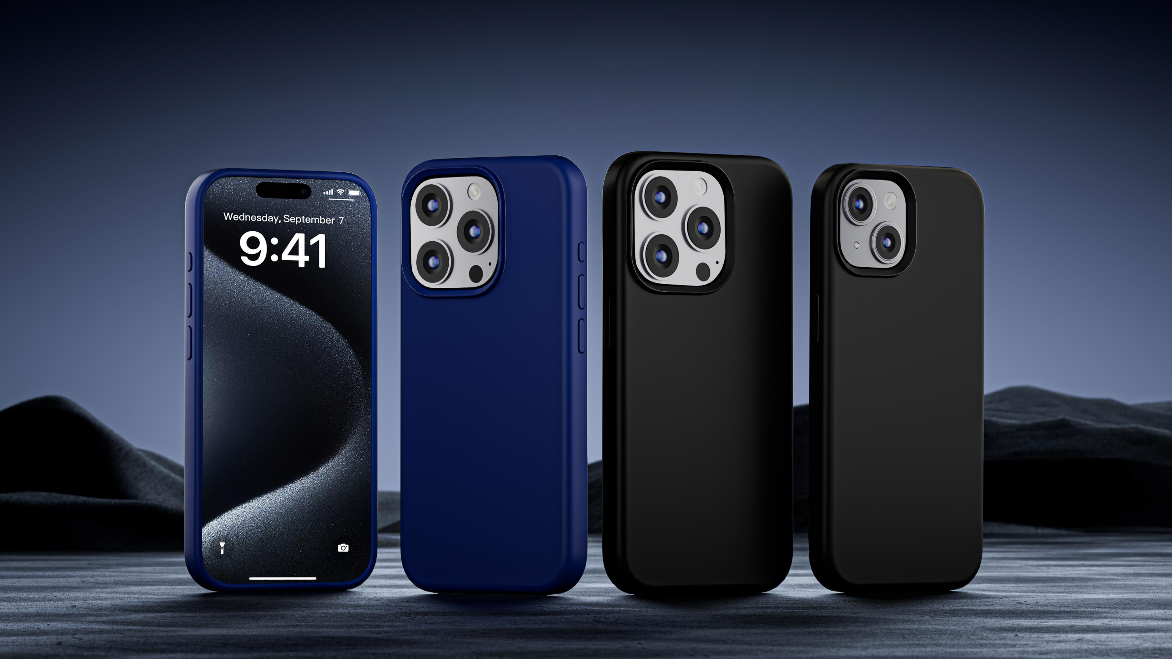 Vier Telefone mit Hüllen, aufgereiht. Hüllen sind blau und schwarz.
