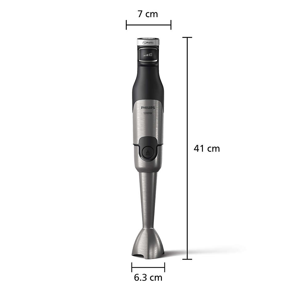 Ein silberner Philips Stabmixer mit Messbeschriftungen.