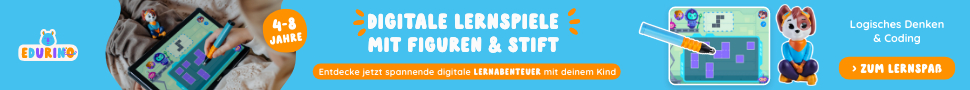 Banner-Anzeige mit Tablet und Hand. Text: Digitale Lernspiele mit Figuren und Stift.