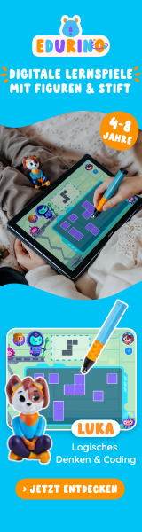 Tablet mit interaktivem Spiel und Hundefigur. Text: Digitales Lernen.