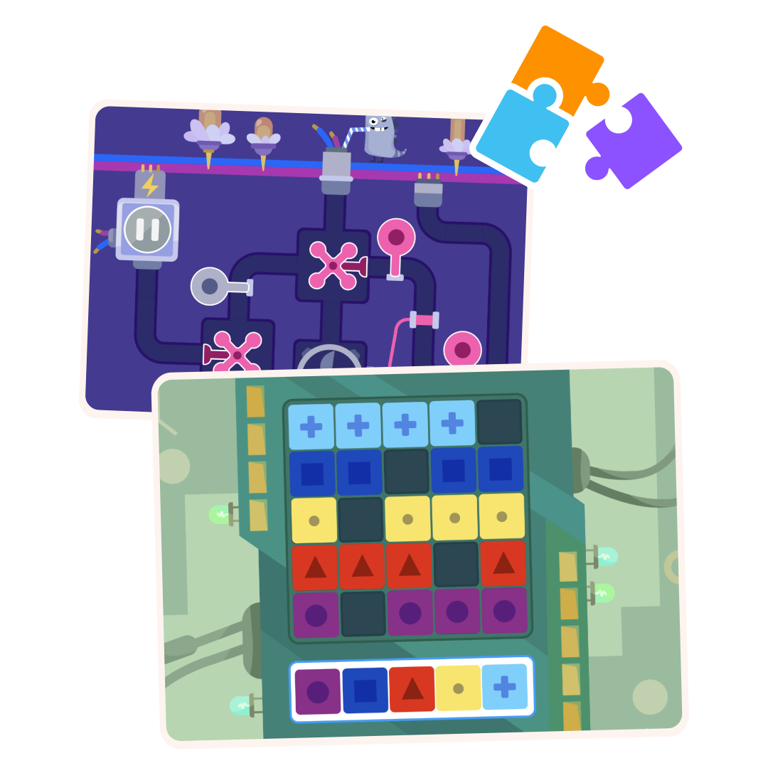 Zwei Bilder von bunten Puzzleteilen und einem Brett mit Knöpfen und Formen.