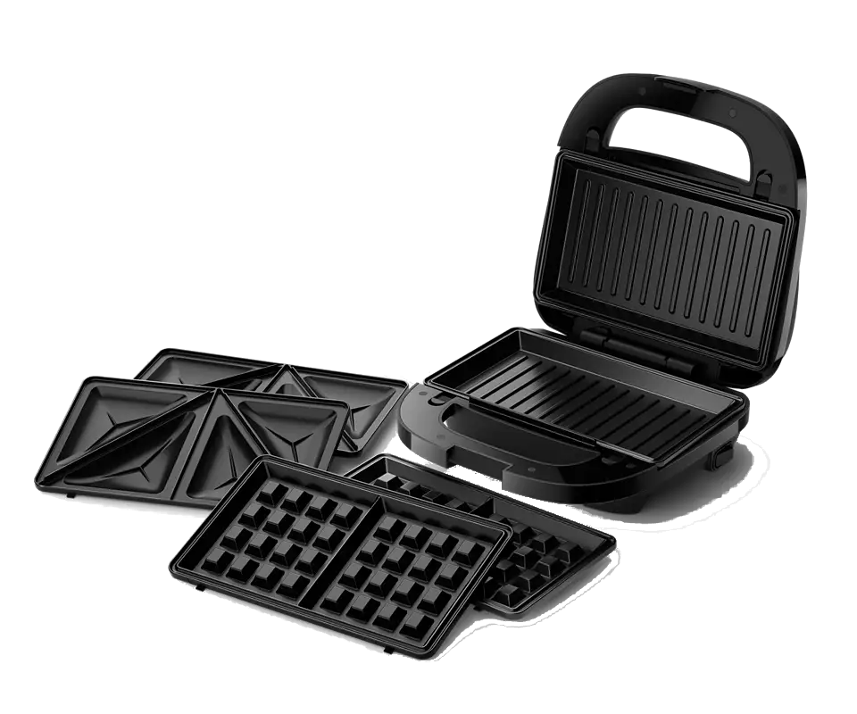 Schwarzer Sandwichmaker mit austauschbaren Platten für Waffeln, Grill und Sandwiches.