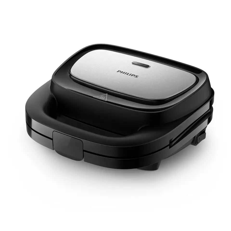 Ein schwarzer und silberner Philips Sandwichmaker auf weißem Hintergrund, Draufsicht.
