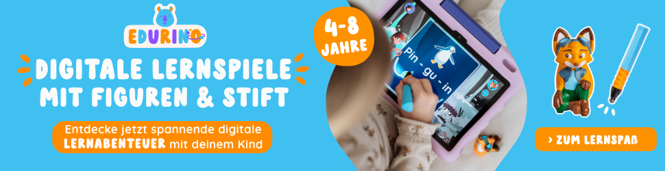 Eine Werbung mit einem Kind, das ein Tablet benutzt, und einem Fuchs mit einem Stiftsymbol.