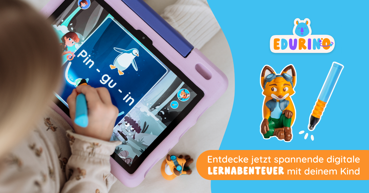 Ein Kind benutzt ein Tablet, mit einem Fuchs, Stift und Edurino Logo im Blick.