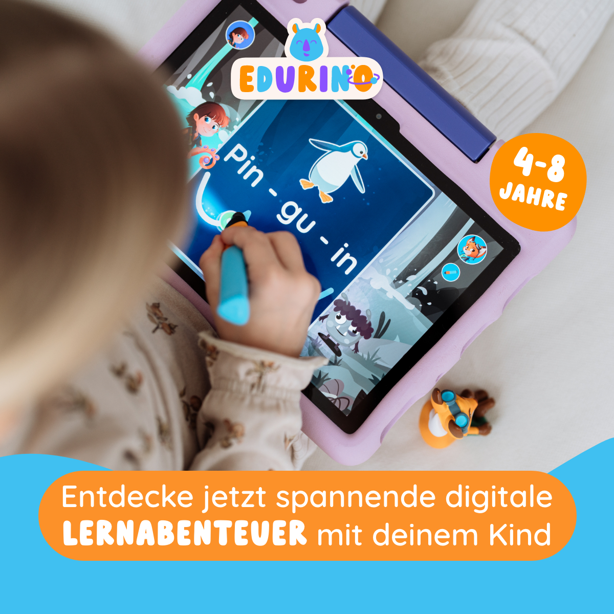 Kind benutzt Tablet mit Pinguinzeichnung. Das Tablet hat das Wort 'Edurino'.