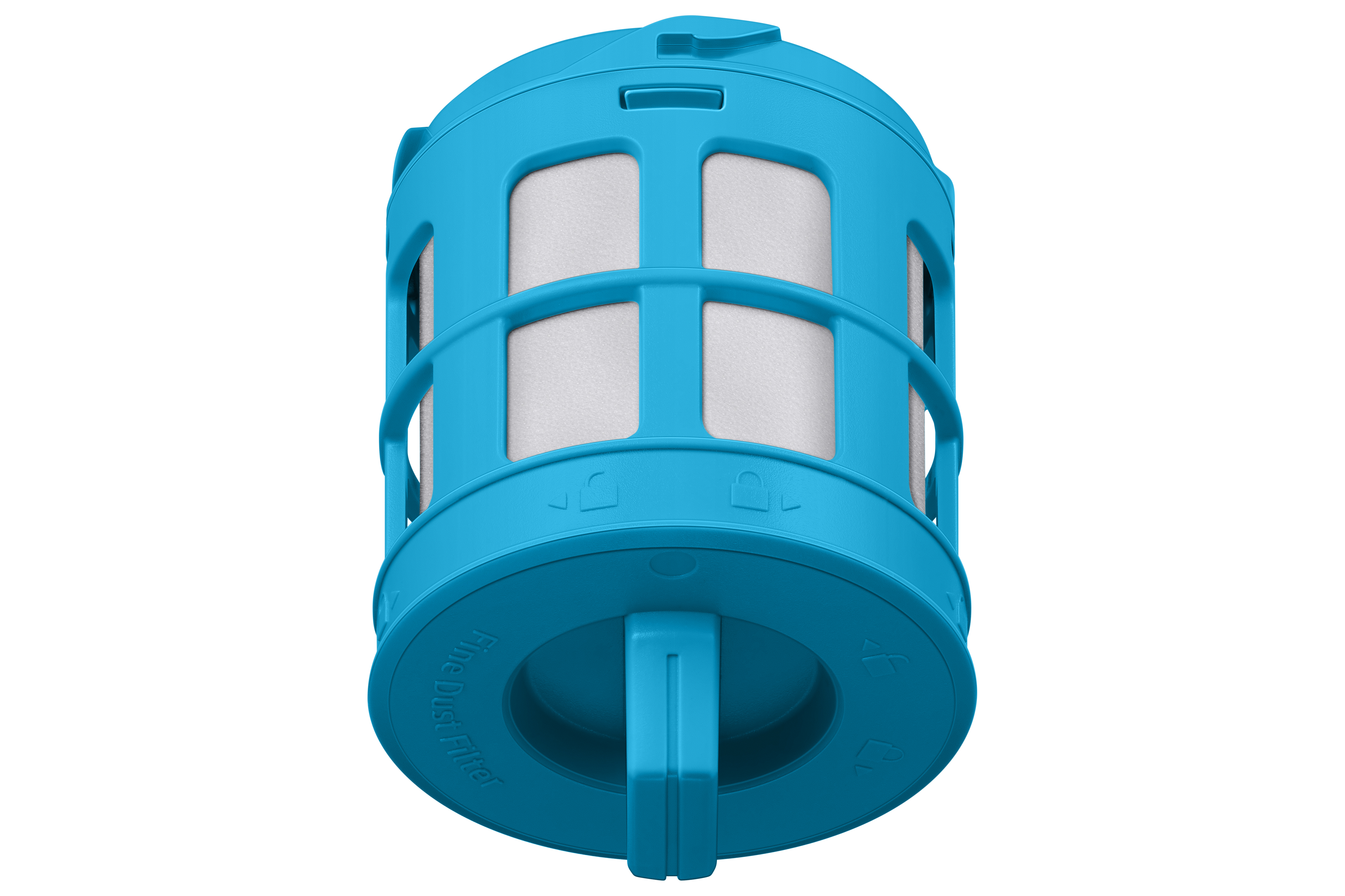 Blauer Staubsaugerfilter mit weißem Innenraum. Er hat eine zylindrische Form mit Griff.
