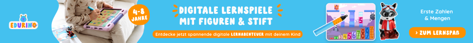Eine Werbung mit einem Kind, das ein Tablet benutzt, und einem Waschbären mit einem Stiftsymbol.