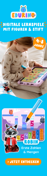 Werbung für eine Lern-App für Kinder, mit einem Waschbären und Zahlen.
