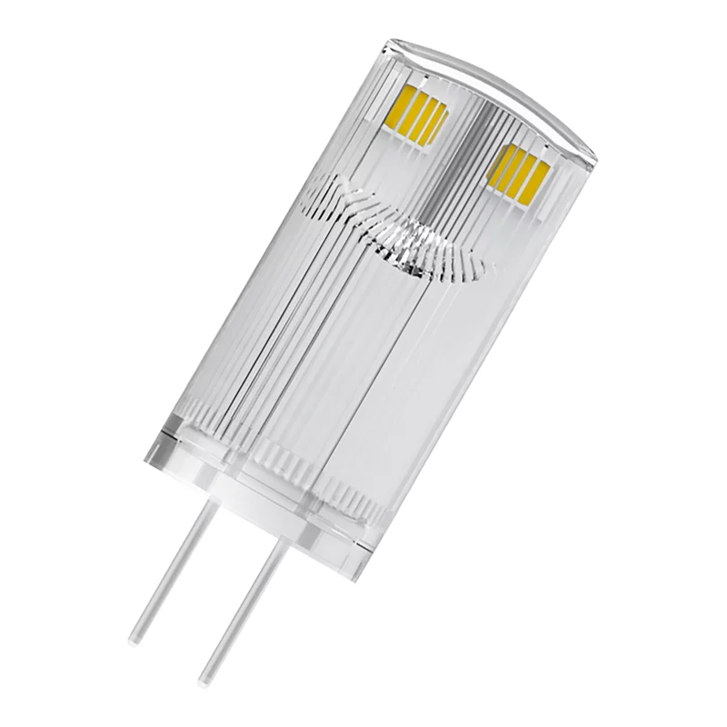 Nahaufnahme einer kleinen LED-Glühbirne mit zwei Stiften. Die Glühbirne ist aus klarem Kunststoff.