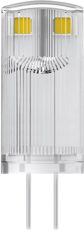 Klare LED-Glühbirne mit zwei gelben Lichtern und zwei Metallstiften.