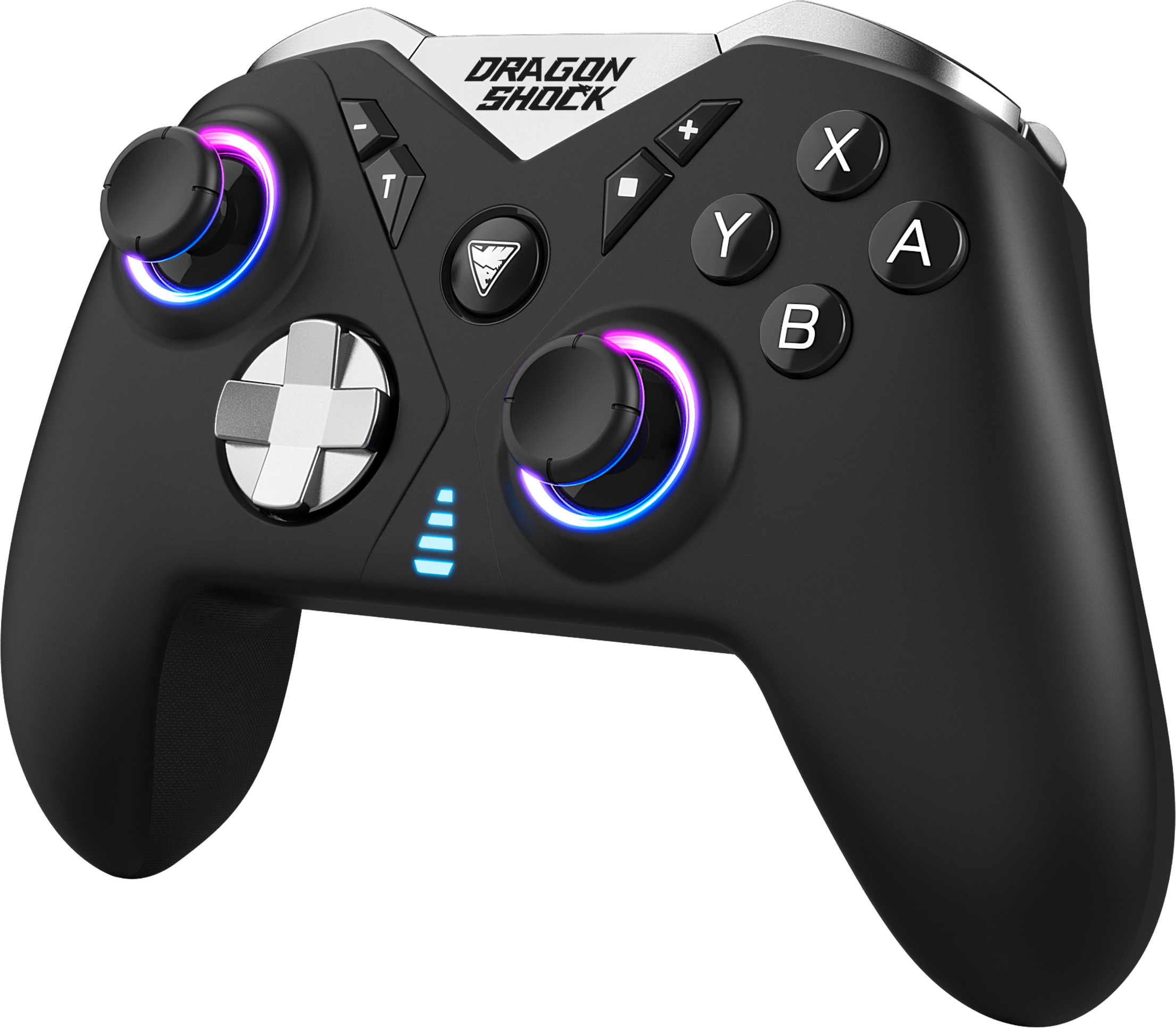 Manette de jeu noire et argentée avec des lumières colorées.