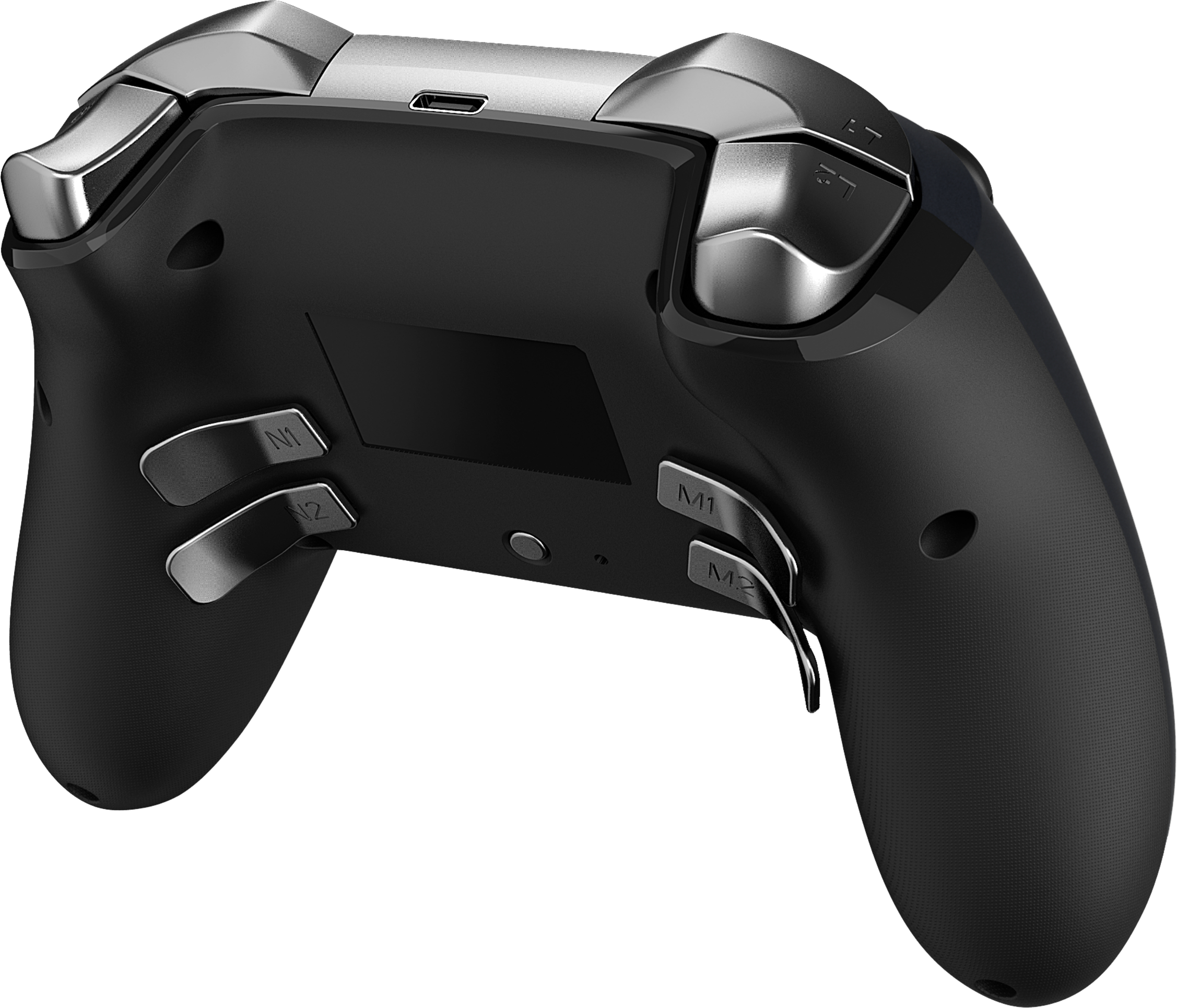 Manette de jeu noire, vue arrière, montrant les boutons et les gâchettes.